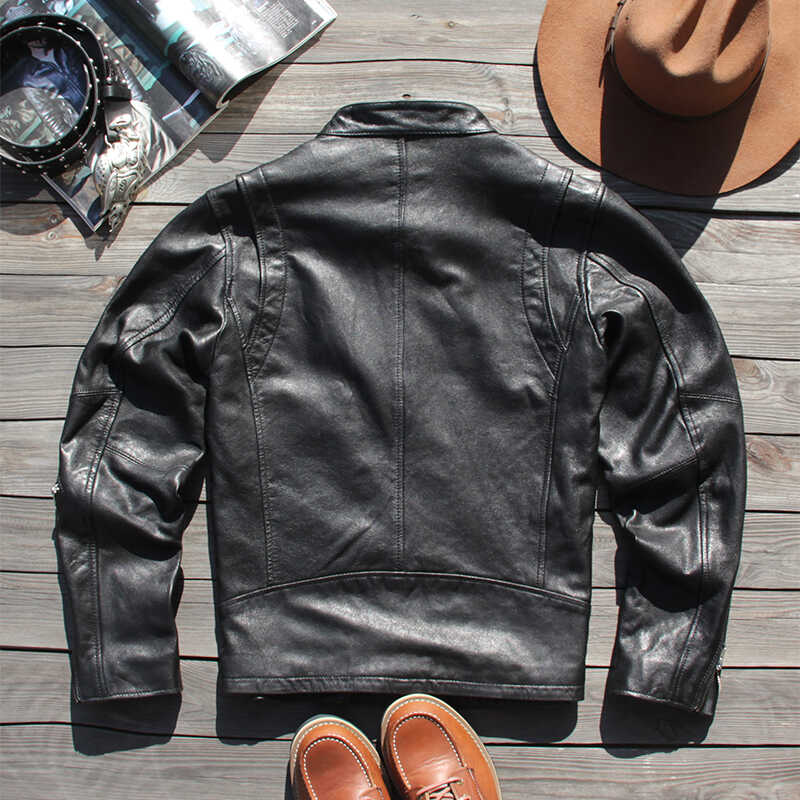 植物タンニン鞣しラムレザー シングルライダースジャケット M~4XL ブラック