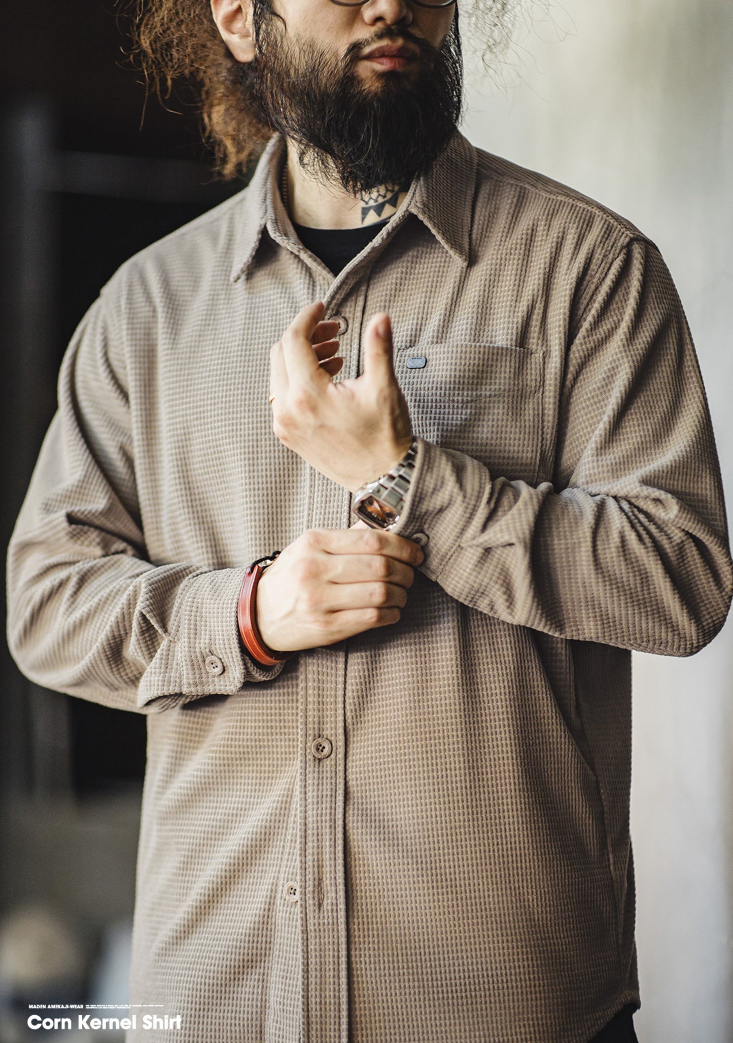 表情豊かなテクスチャー★ワッフル地 リラックスワークシャツ★M~2XL