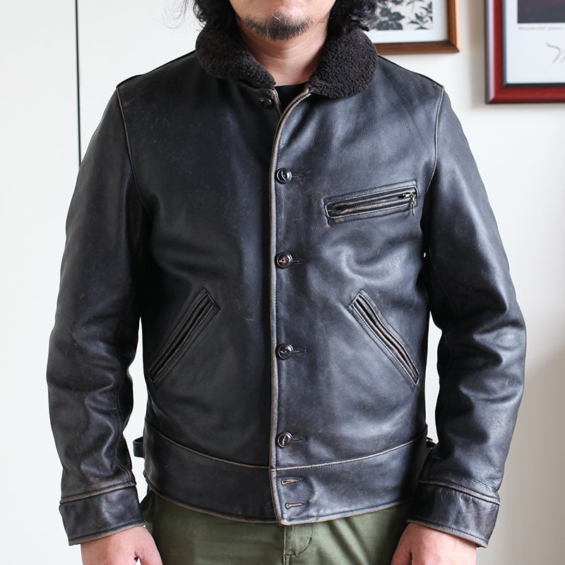 完璧なヴィンテージ加工★茶芯カウレザー×ムートン BILLINGS JACKET★ブラック XL~4XL