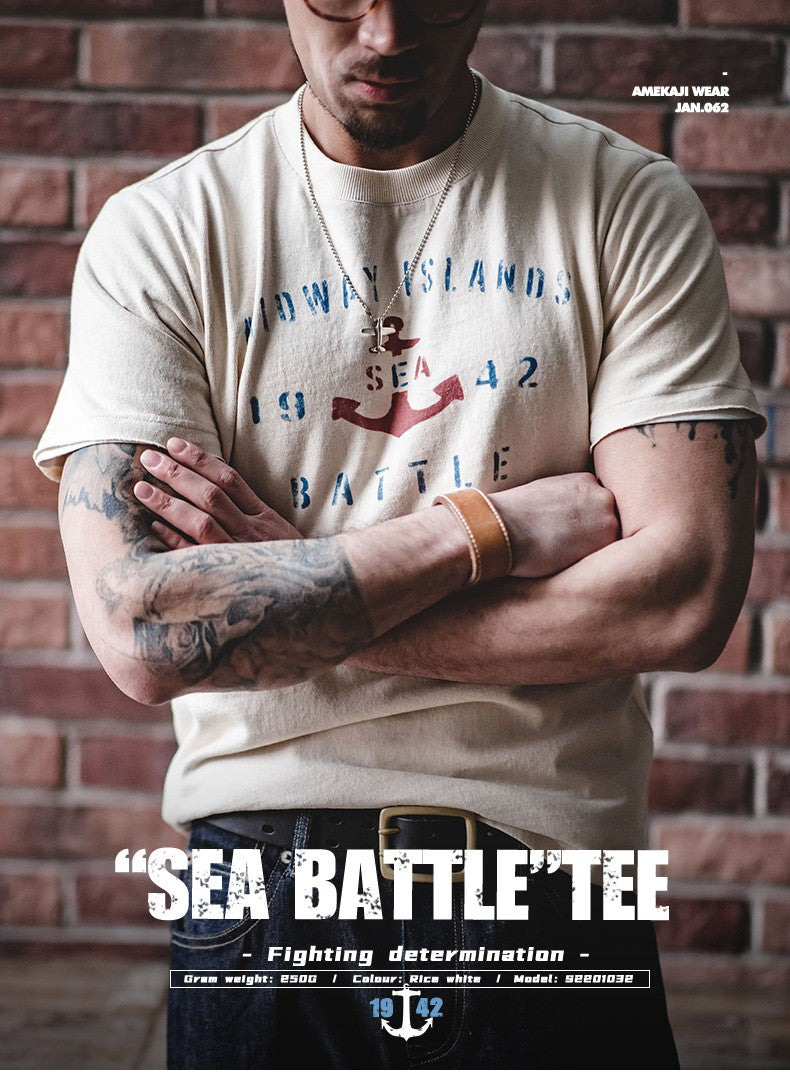 ヴィンテージ感あるコットンの風合いも◎◆ハーフスリーブ SEE BATTLEプリント Tシャツ◆S~2XL
