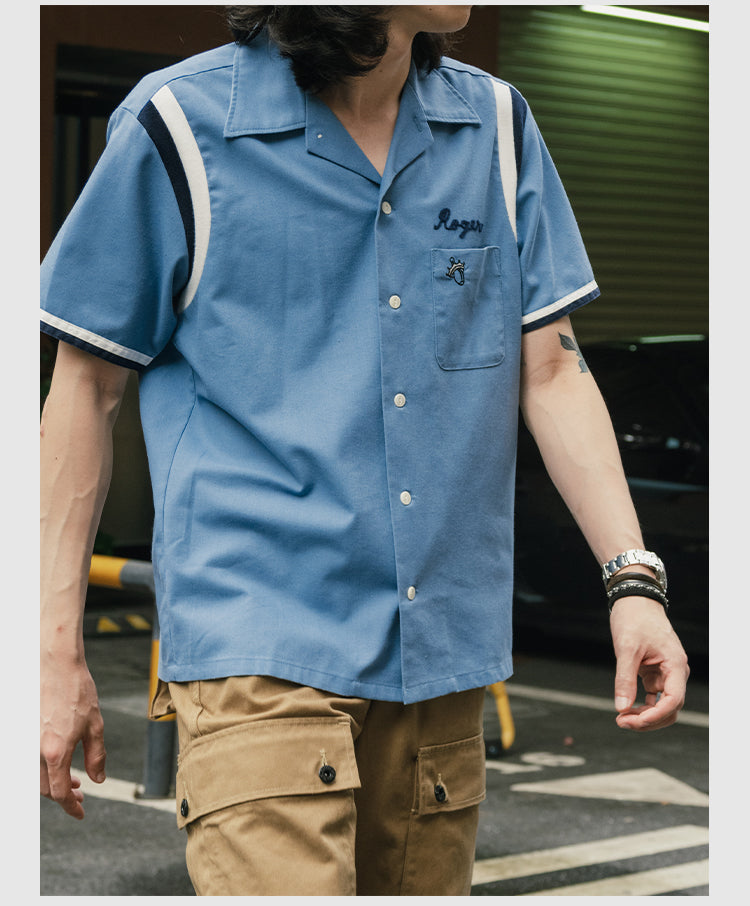 2色展開◇チェーンステッチ 刺繍メンズ ボーリング シャツ◇S