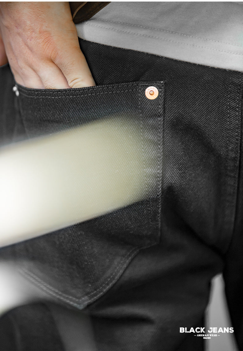 ◆ヴィンテージ復刻デザイン 細身シルエット 12.8オンス ストレート ブラックデニムパンツ◆サイズ28~36