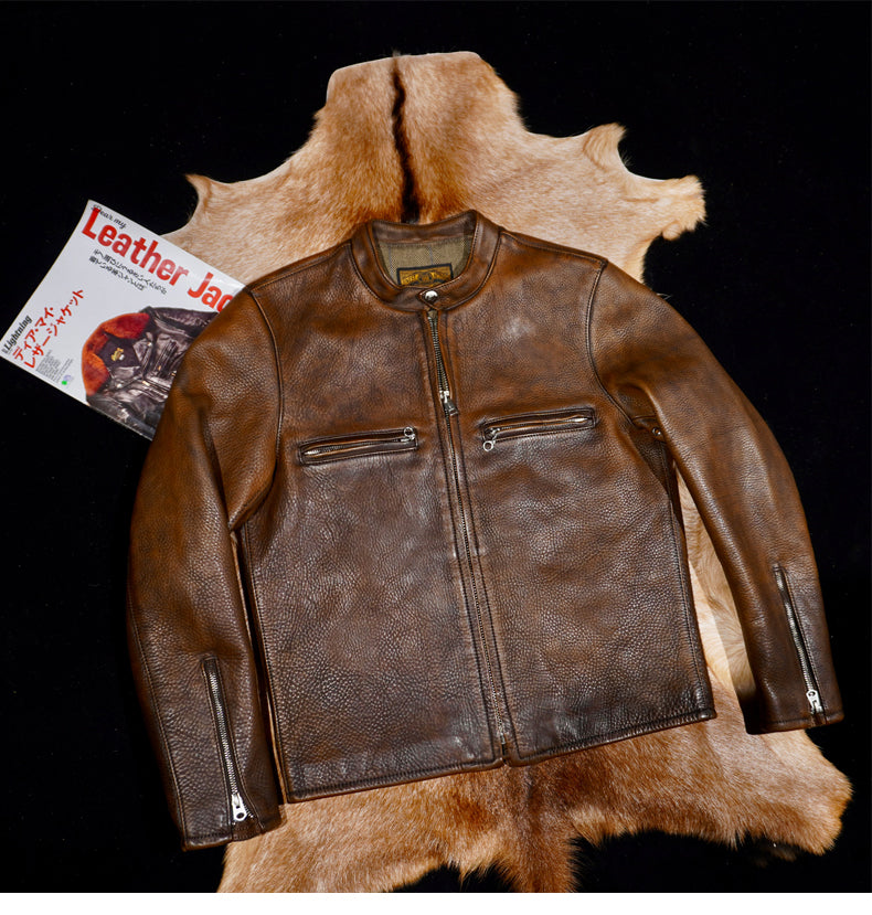 ◇ビンテージ復刻 ウォッシュ加工 カウレザー シングルライダース ジャケット◇S~4XL