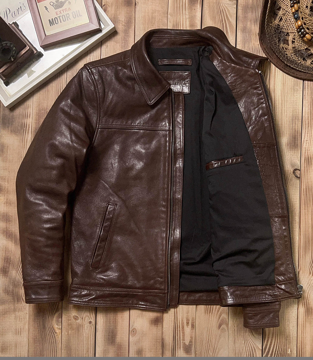 SALEプライス★VINTAGE復刻デザイン 植物タンニンなめし ゴートレザー シングルライダースジャケット★M~5XL ブラウン