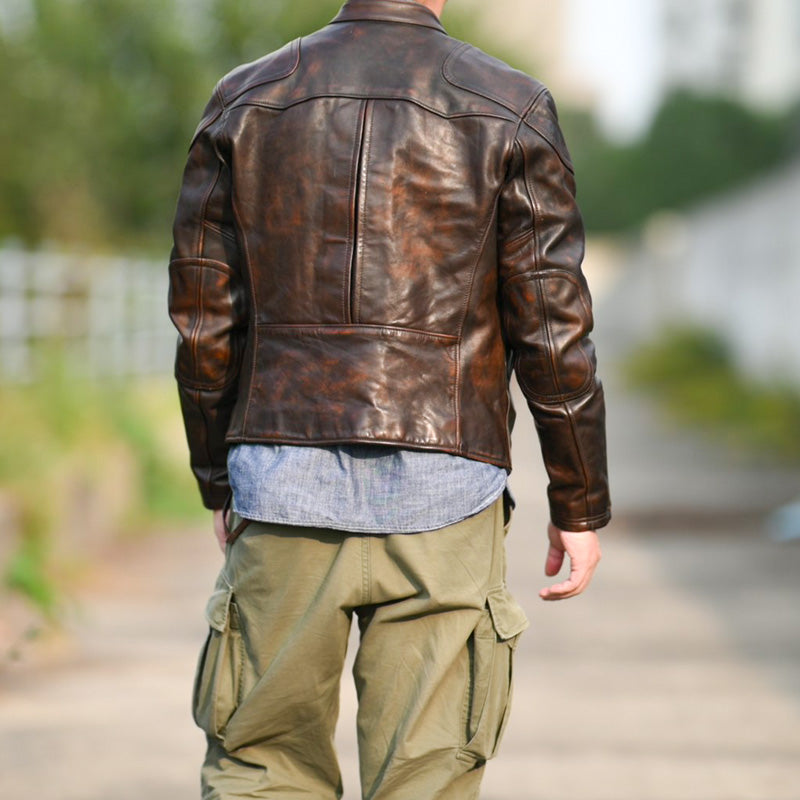 絶妙なヴィンテージ加工 植物タンニン鞣し カウレザー シングルライダース ジャケット M~4XL