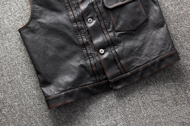 茶芯ホースハイドレザー ライダースレザーベスト M~4XL