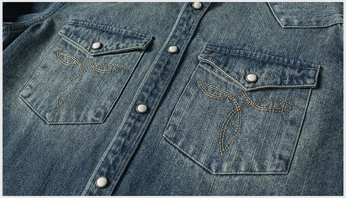 ステッチ刺繍がポイント△ヴィンテージ加工 デニム ウエスタンシャツ▽S~3XL