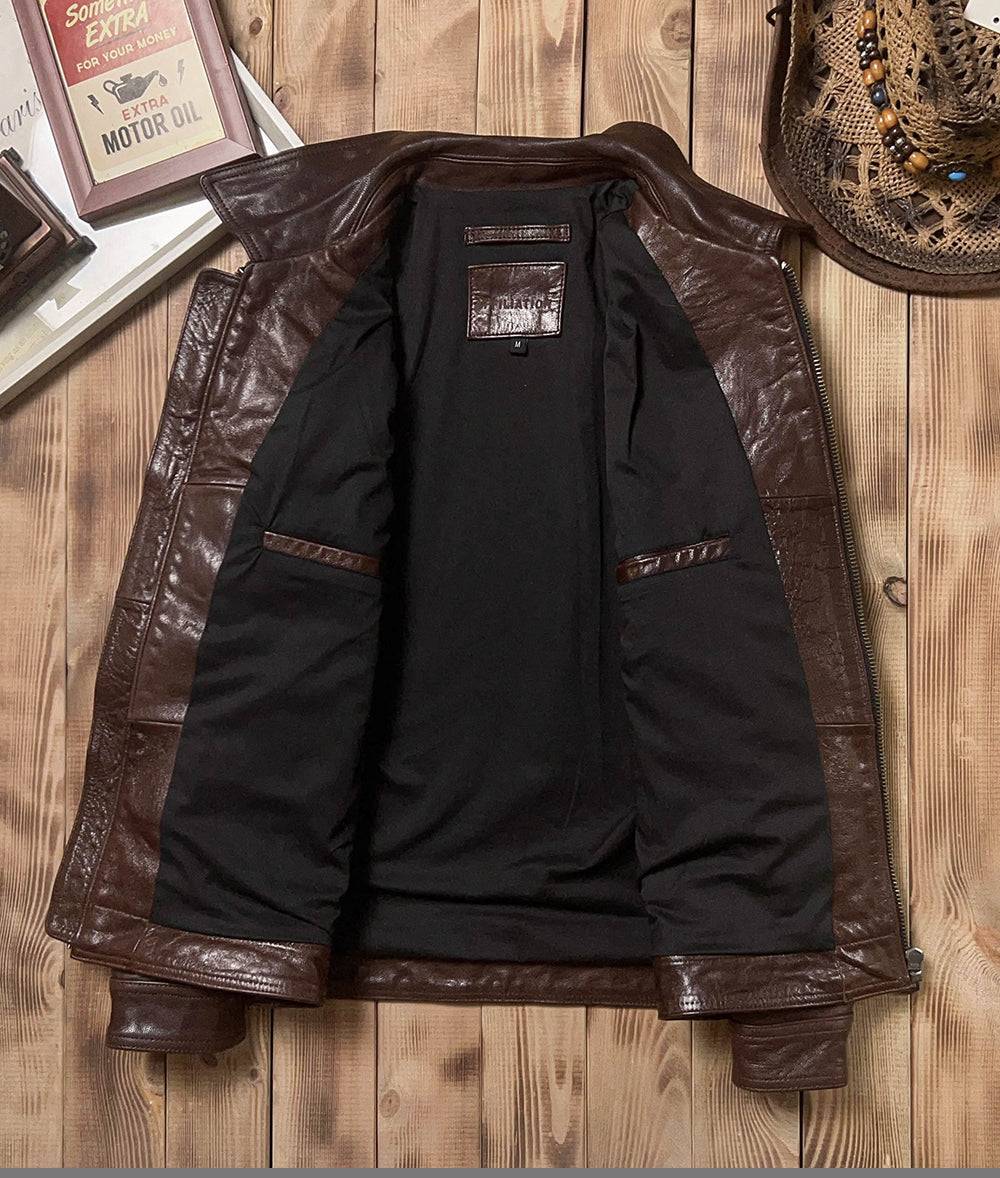SALEプライス★VINTAGE復刻デザイン 植物タンニンなめし ゴートレザー シングルライダースジャケット★M~5XL ブラウン
