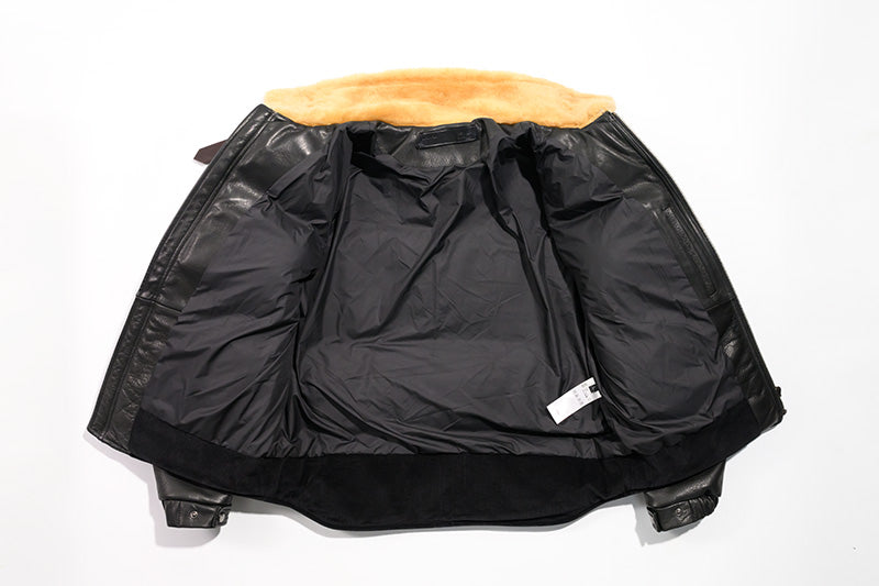 襟元ムートン使い◇植物タンニン鞣しカウレザー ブラックレザーダウンジャケット◇ M~3XL