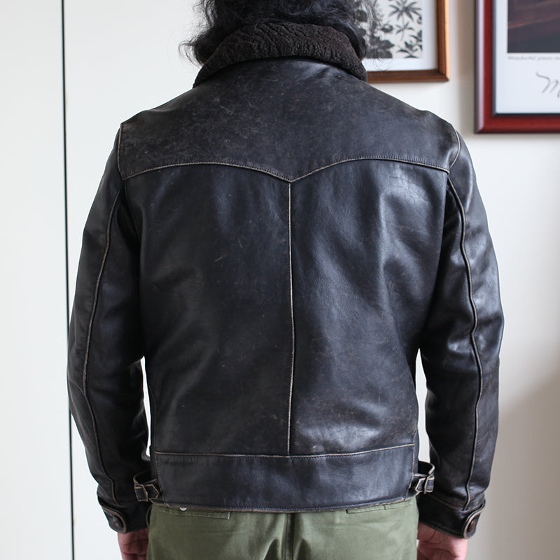 完璧なヴィンテージ加工★茶芯カウレザー×ムートン BILLINGS JACKET★ブラック XL~4XL