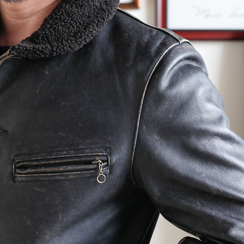 完璧なヴィンテージ加工★茶芯カウレザー×ムートン BILLINGS JACKET★ブラック XL~4XL