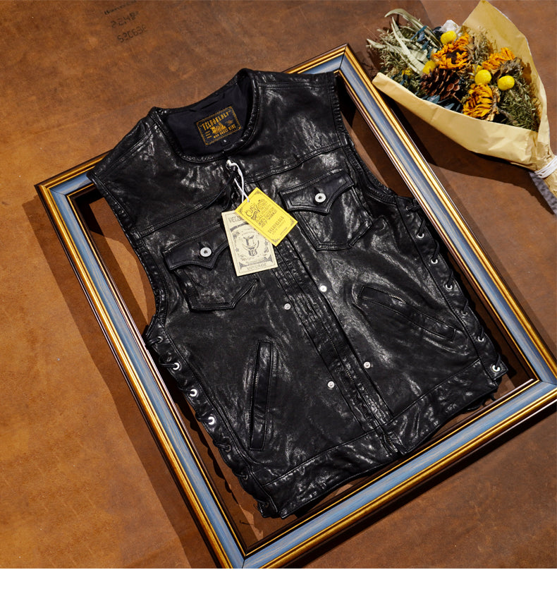 植物タンニン鞣し シープレザー ウォッシュ加工ライダース ベスト S~4XL