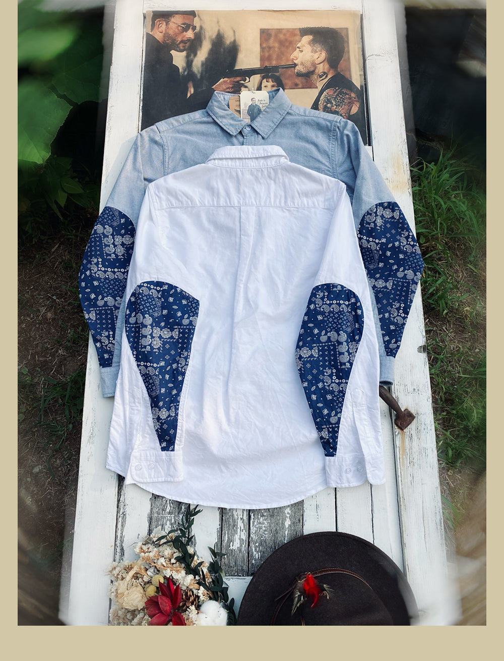 ◆ヴィンテージスタイル バンダナ柄切替 ロングスリーブ オックスフォードシャツ◆ M~3XL