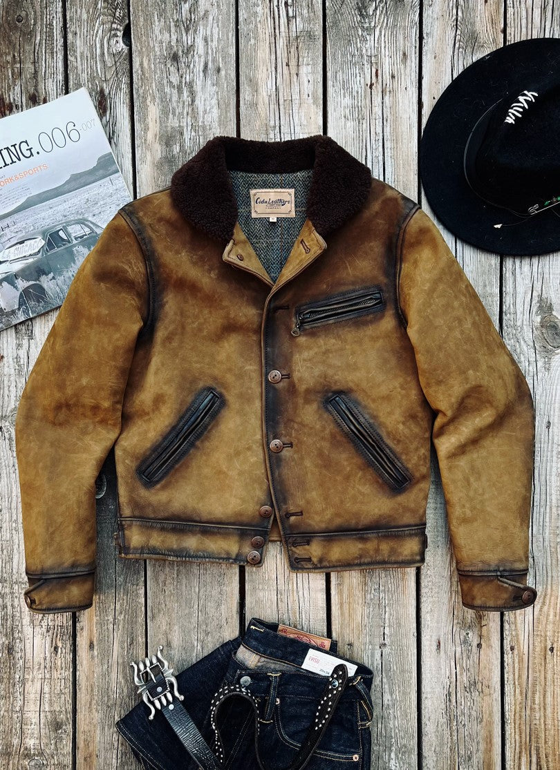 完璧なヴィンテージ加工★カウレザー×ムートン BILLINGS JACKET★S~3XL