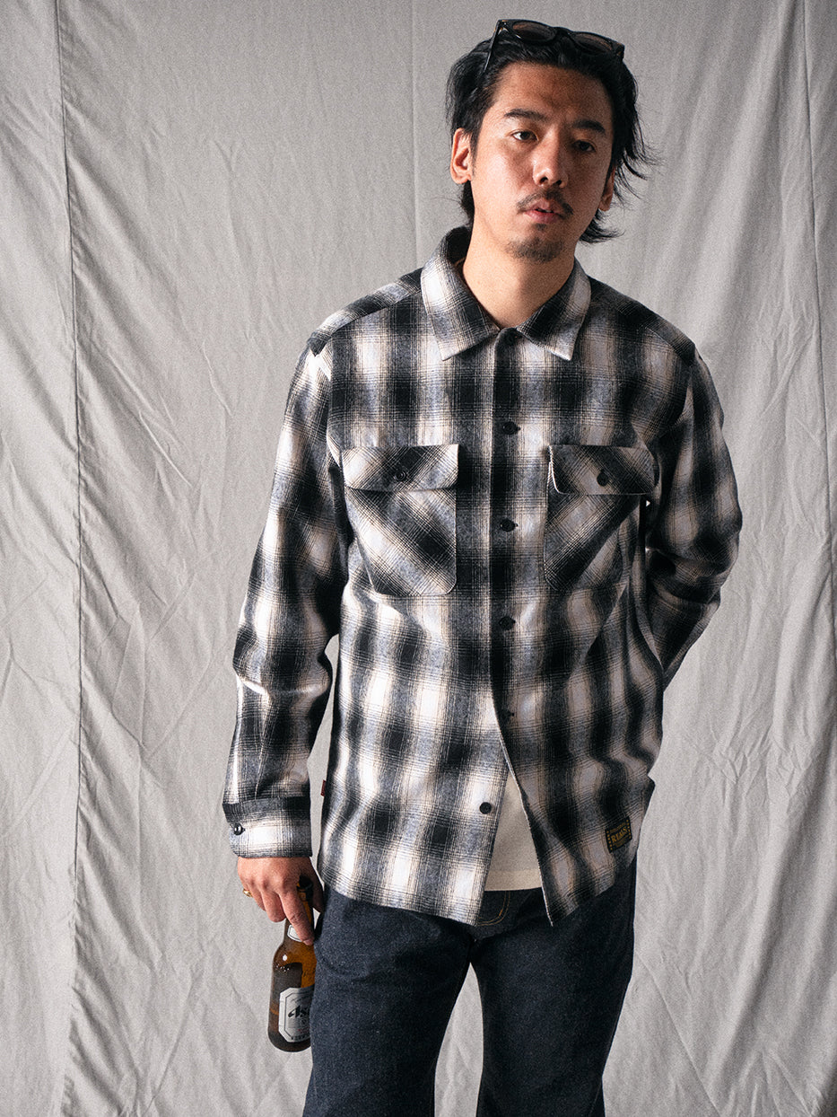 2色展開△ヴィンテージ復刻 コットンネル オンブレチェックシャツ▽S~XL