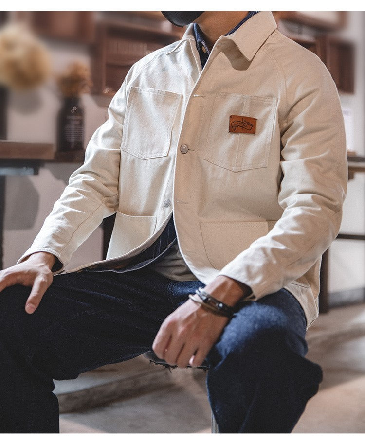 ▲ヴィンテージ復刻 ホワイトデニムコットン ラグランカバーオール▼S~2XL
