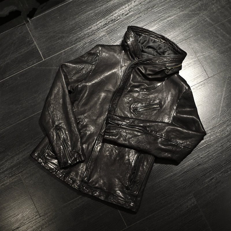◇ウォッシュ加工による風合いが絶妙◇シープレザーフーディージャケット◇M~2XL