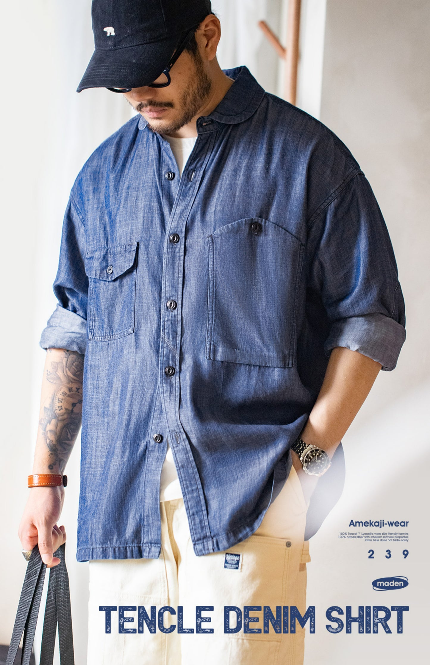 雰囲気抜群の生地使い★テンセル デニム 長袖 CPO シャツ★S~2XL