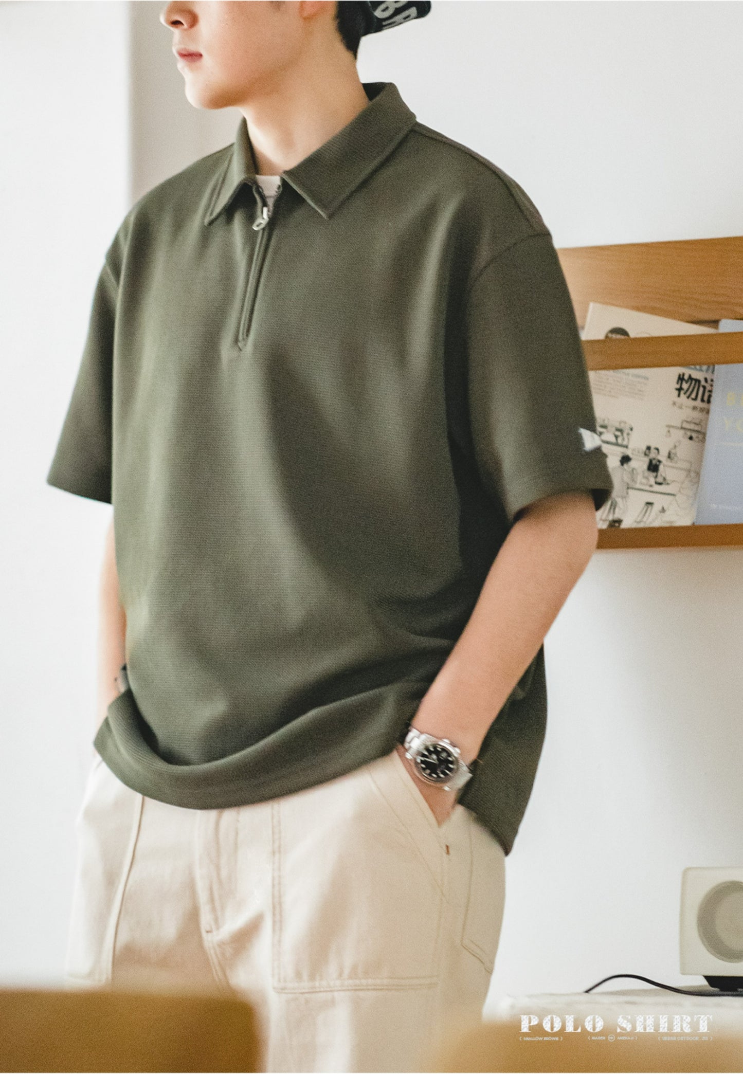 3色展開☆ゆったりシルエット ジップアップポロシャツ☆S~2XL