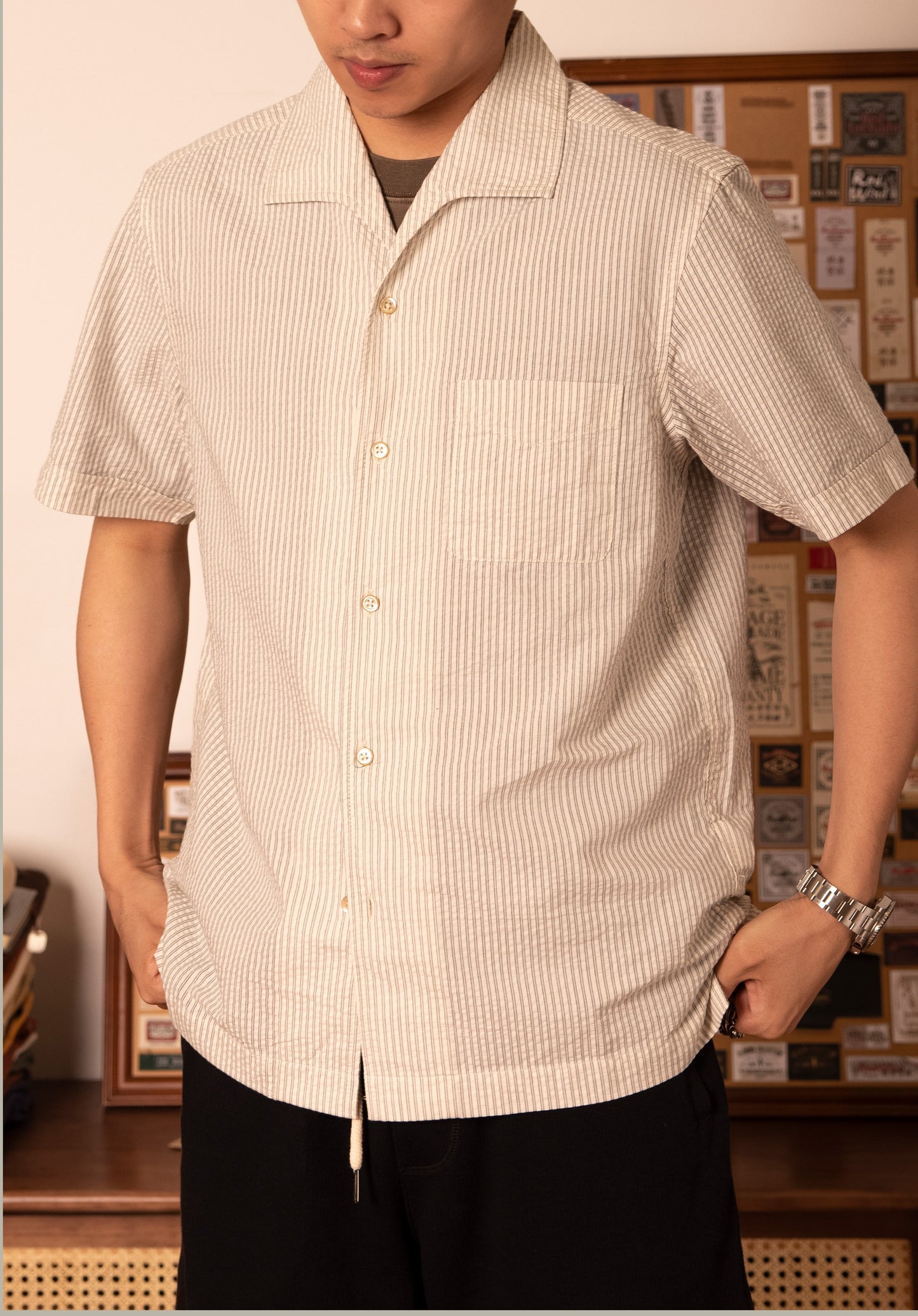 △ヴィンテージ復刻 コットンストライプ 半袖 イタリアンカラーシャツ▽S~3XL