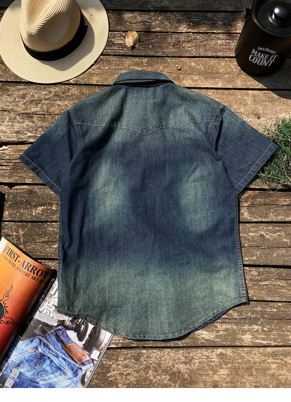 ステッチ刺繍がポイント△デニム ウエスタン ハーフスリーブシャツ▽S~2XL