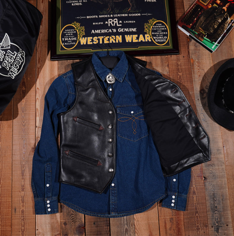 イタリアン カウレザーウエスタン ベスト S~4XL