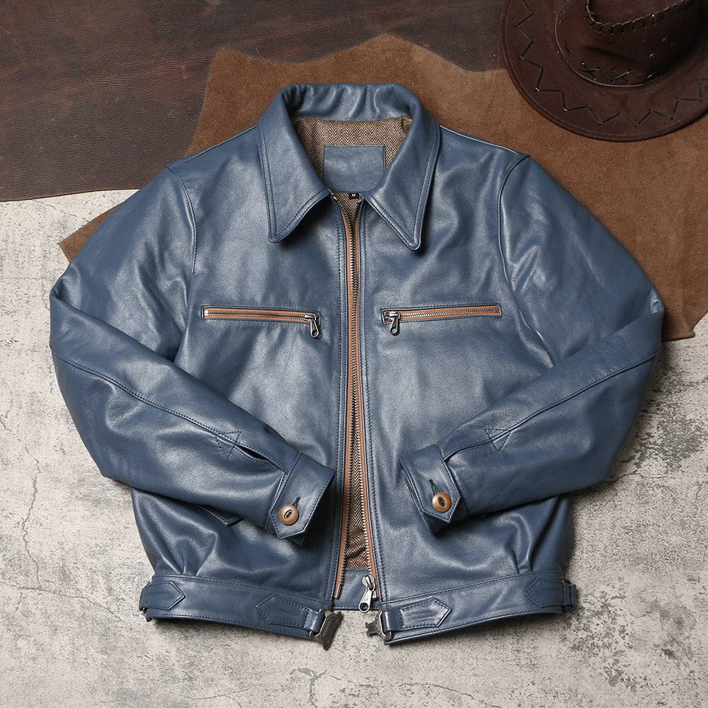 絶妙な色味のブルー◇ドイツ空軍復刻 エーリヒ・ハルトマン モデル カウレザージャケット◇M~4XL