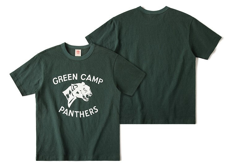 2色展開◆色味、プリントの雰囲気もGOOD◆ヴィンテージ復刻GREEN CAMP PANTHERSプリント Tシャツ◆S~2XL