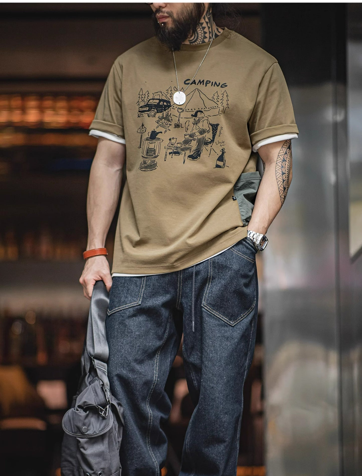 ◆CAMPING LIFEプリント片ポケTシャツ◆S~2XL