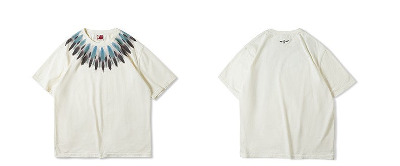 ◆ハーフスリーブ フェザー染み込みプリント コットンTシャツ◆S~2XL