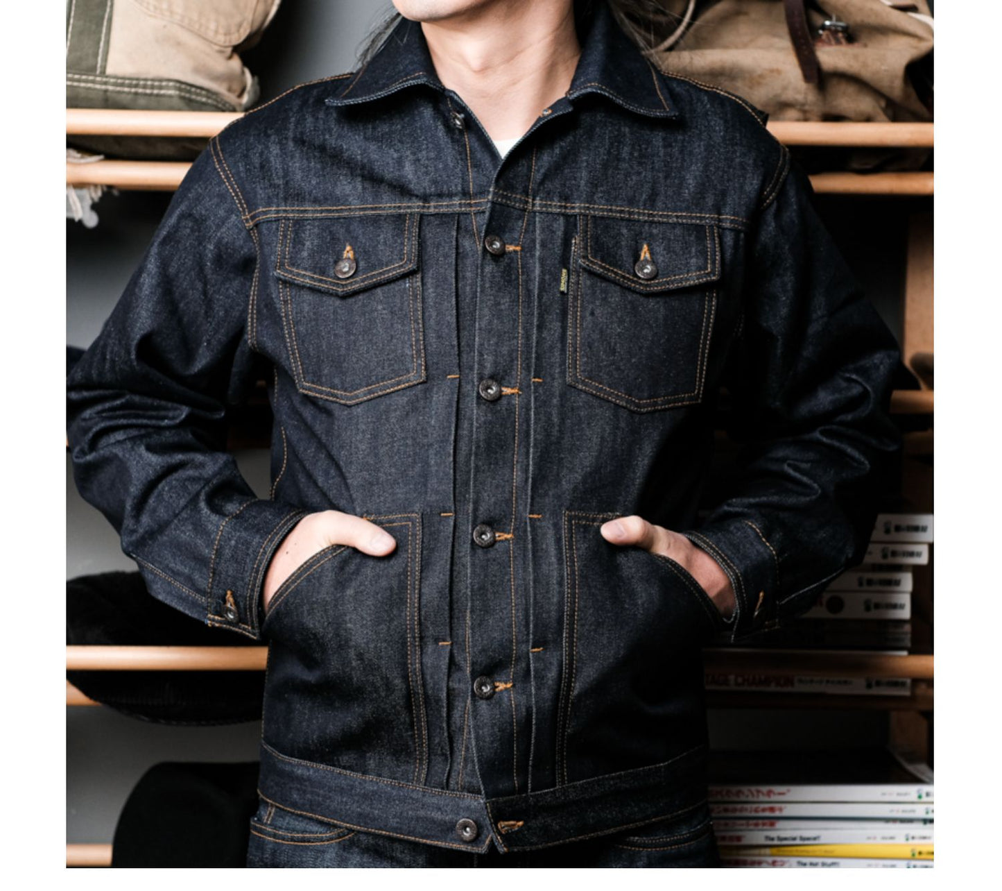 背面のアクションプリーツで高い可動性☆ヴィンテージ復刻 14.5OZ ノンウォッシュ セルビッチ デニムジャケット☆S~2XL