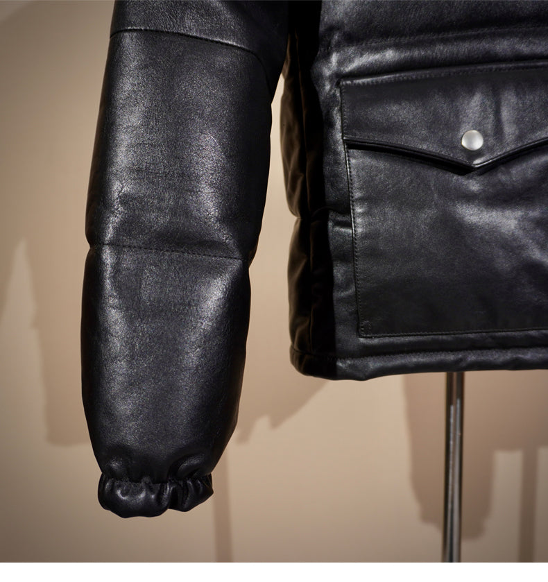 ◇イタリア産カウレザー使用 ブラックレザーダウンジャケット◇ S~4XL