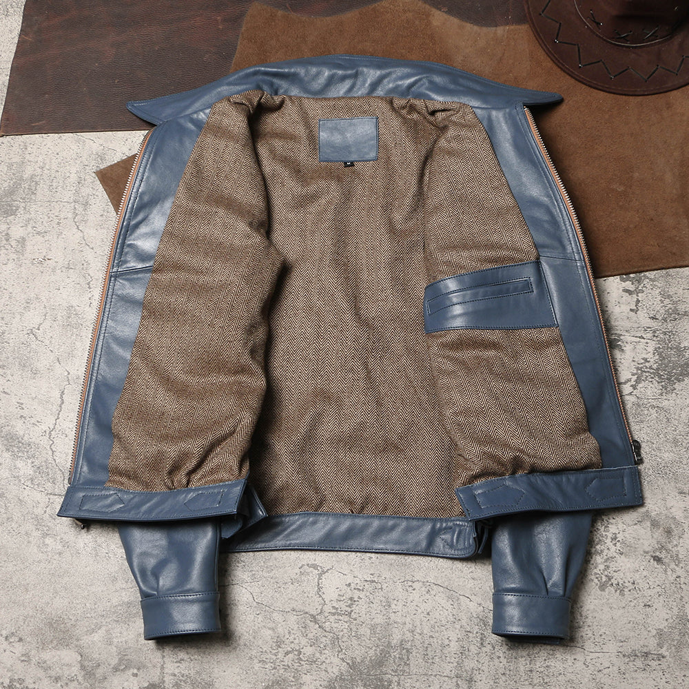 絶妙な色味のブルー◇ドイツ空軍復刻 エーリヒ・ハルトマン モデル カウレザージャケット◇M~4XL
