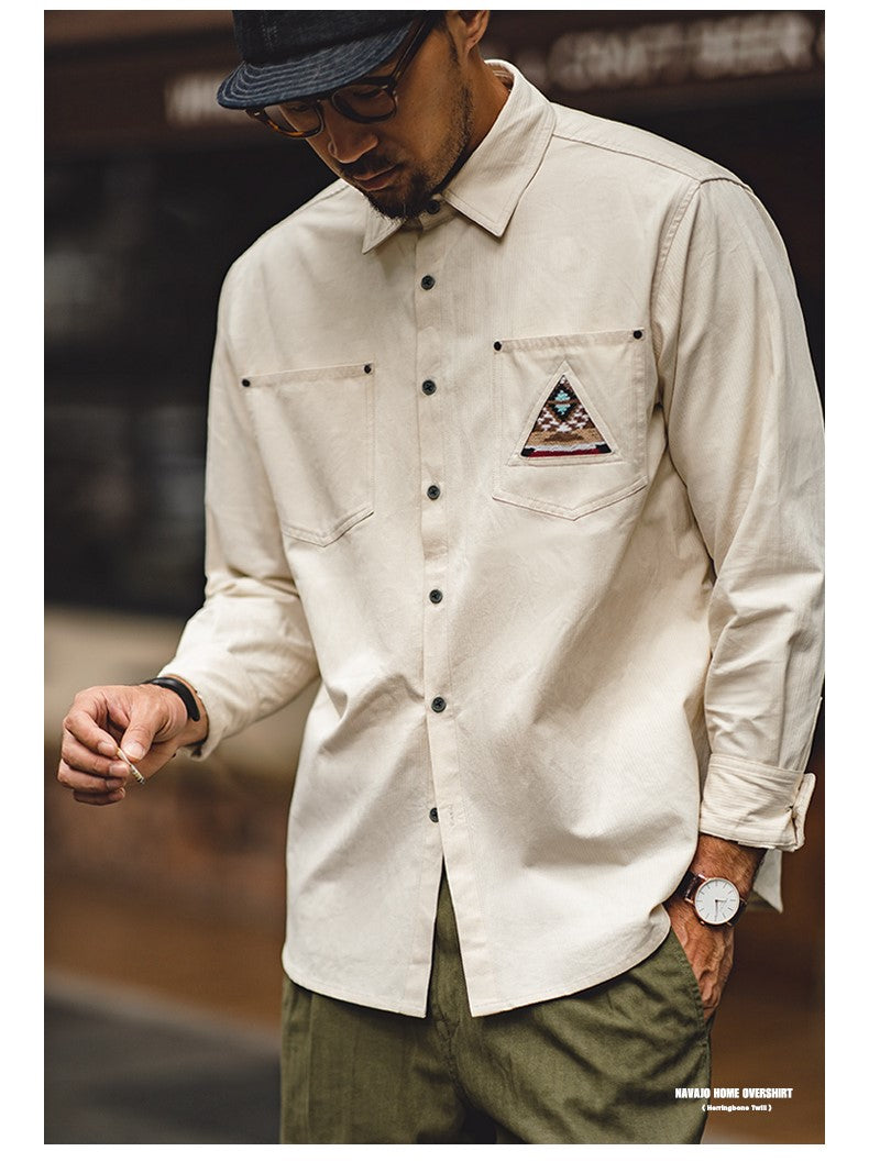 胸元のブランケットパッチがポイント★ヴィンテージ復刻コットンピケ ティピ柄シャツ★S~2XL