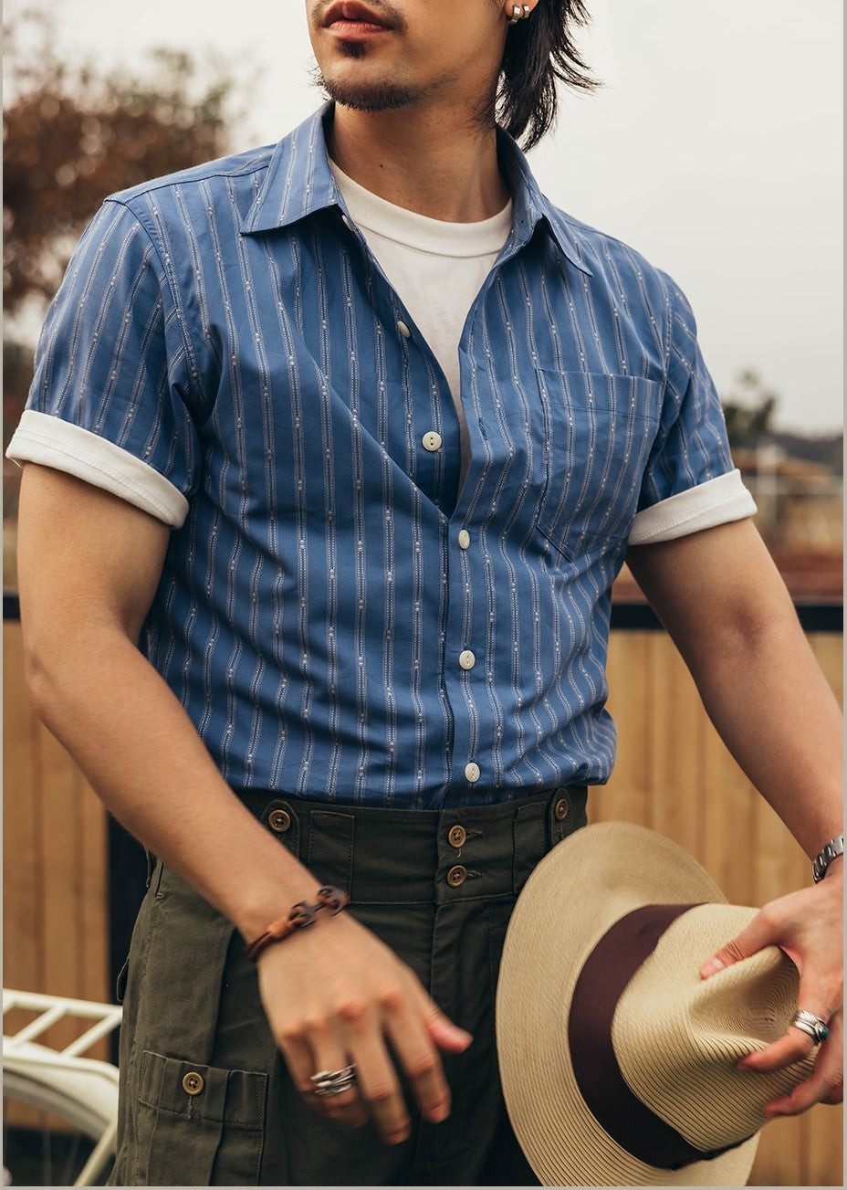 △ヴィンテージ復刻 コットンジャガードストライプ 半袖 クラシックシャツ▽S~3XL