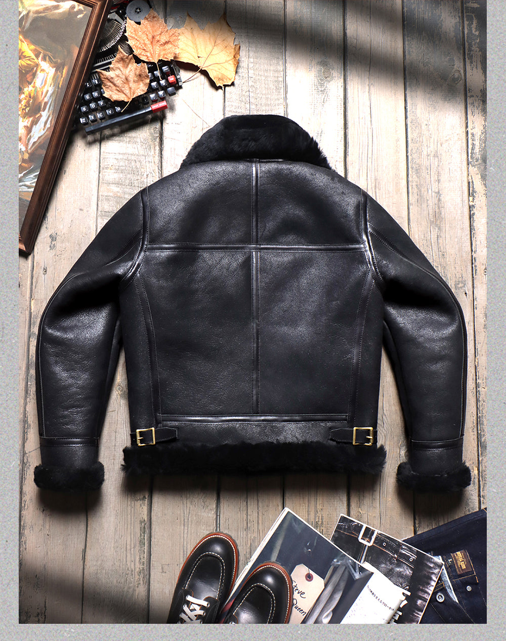 昨シーズン売り切りSALE★ポリッシュ加工ブラックムートン B-3フライトジャケット★S~4XL