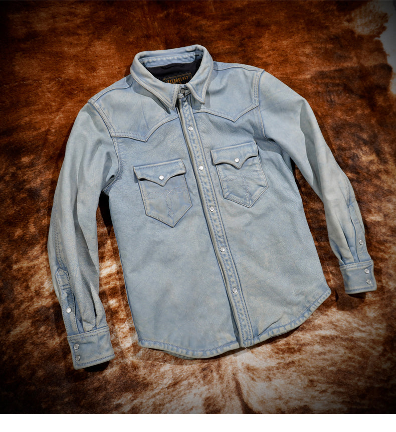 ヘビーウォッシュ加工★カウレザーウエスタンシャツ★S~3XL