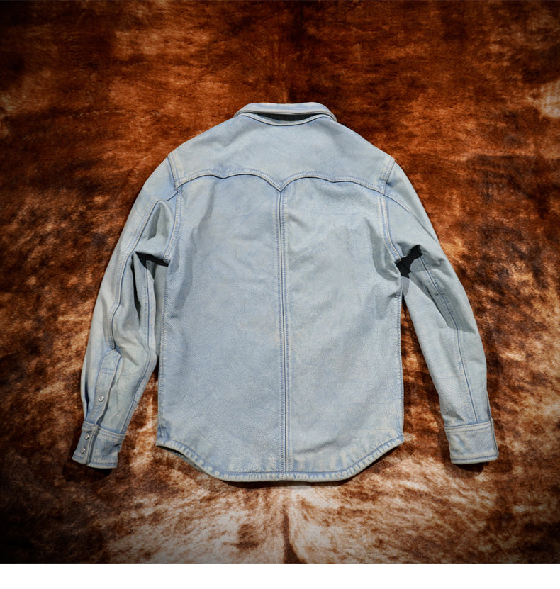 ヘビーウォッシュ加工★カウレザーウエスタンシャツ★S~3XL