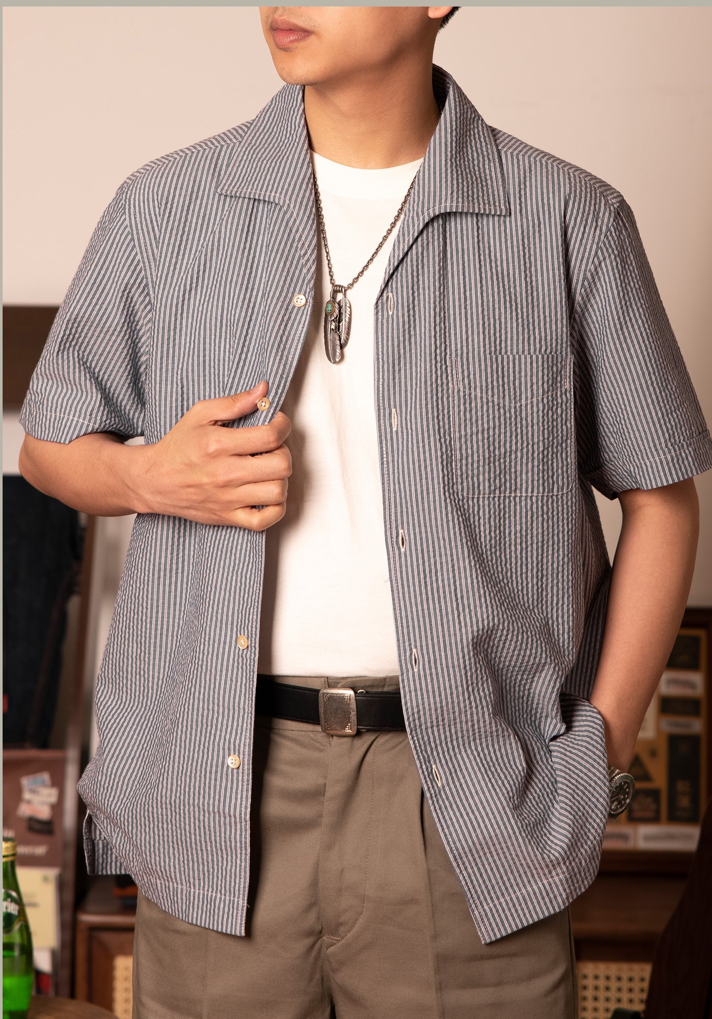△ヴィンテージ復刻 コットンストライプ 半袖 イタリアンカラーシャツ▽S~3XL