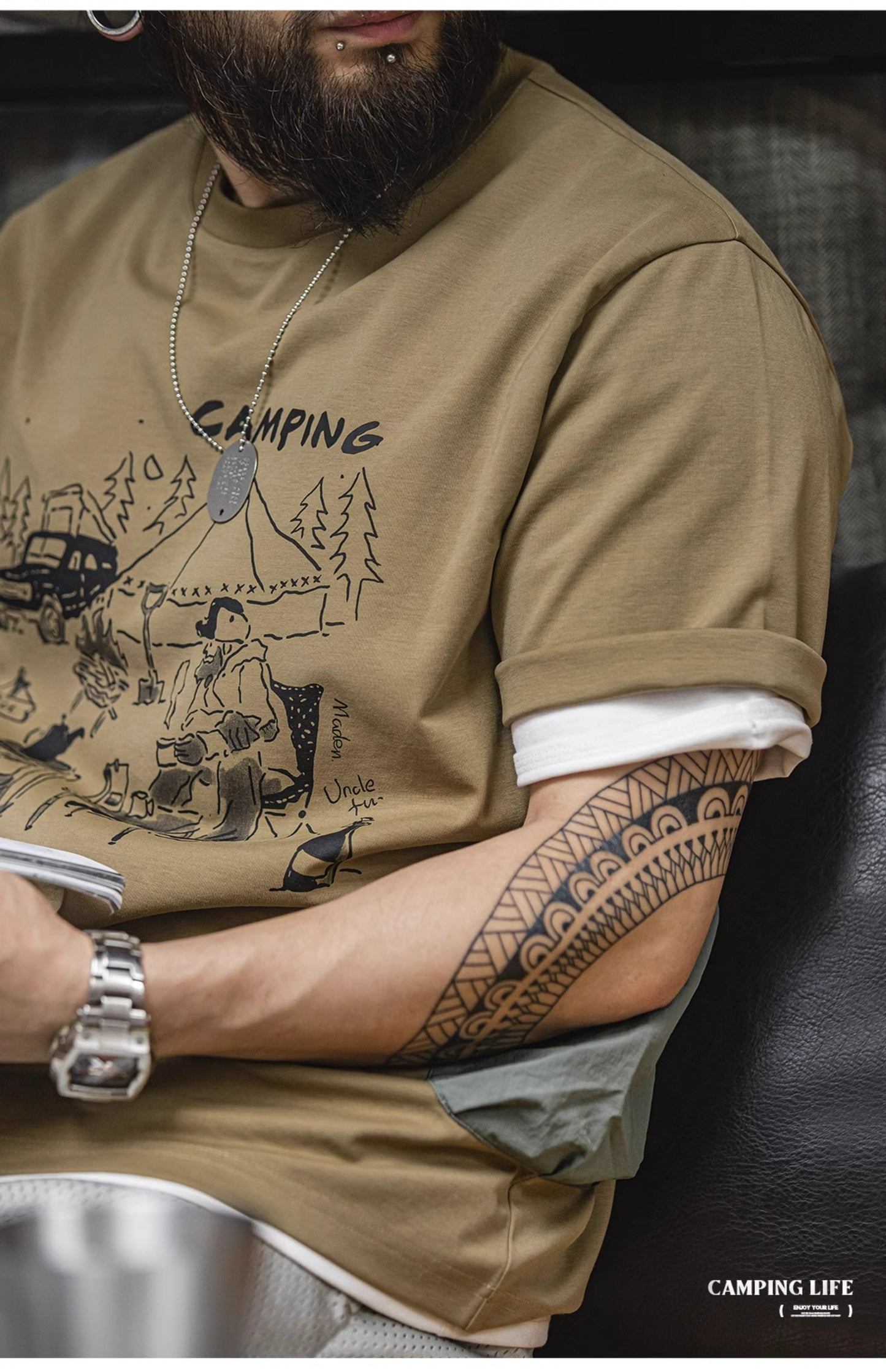◆CAMPING LIFEプリント片ポケTシャツ◆S~2XL