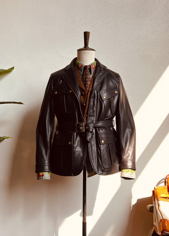 ニュージーランド産ワックスカーフレザー使用▲レザー サファリジャケット▼S~4XL