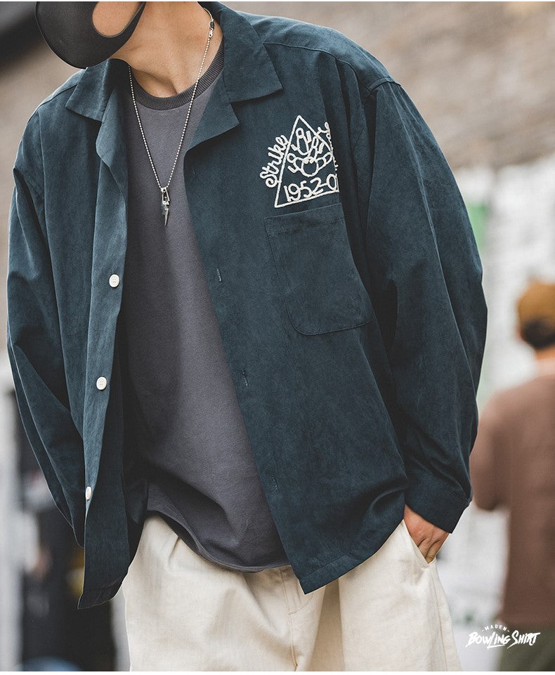◆チェーンステッチ 刺繍メンズ ボーリング オープンカラーシャツ◆S~2XL