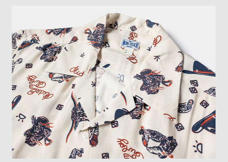 2色展開★レーヨン使いで落ち感GOOD★チェーンステッチ ウエスタンパターン アロハ シャツ★S~2XL