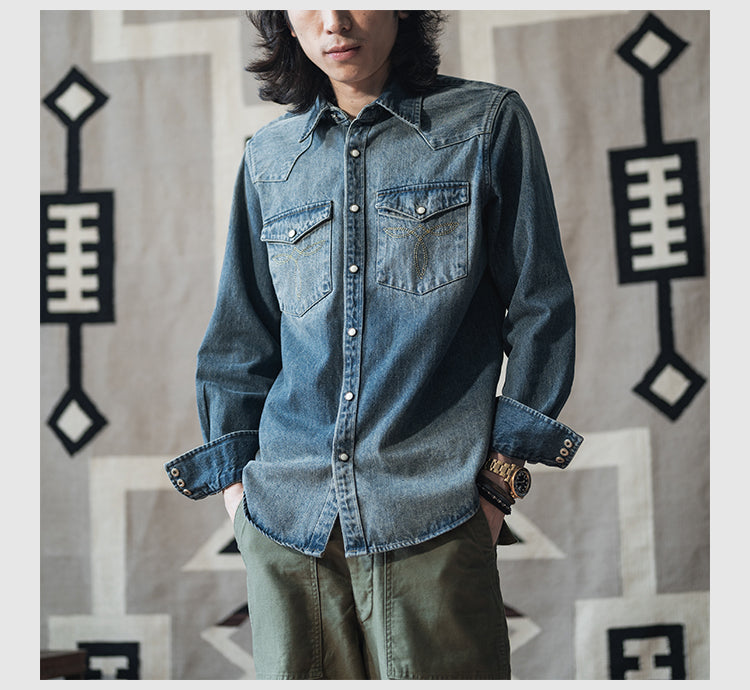 ステッチ刺繍がポイント△ヴィンテージ加工 デニム ウエスタンシャツ▽S~3XL