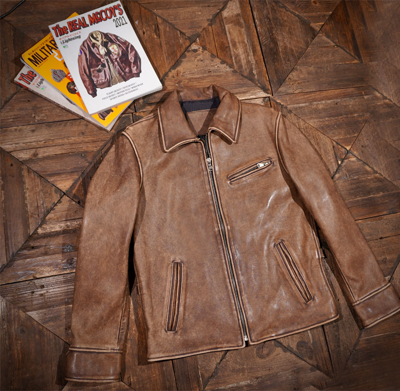 ▲1930’sビンテージ復刻 ウォッシュ加工 カウレザー シングルライダース ジャケット▼S~4XL