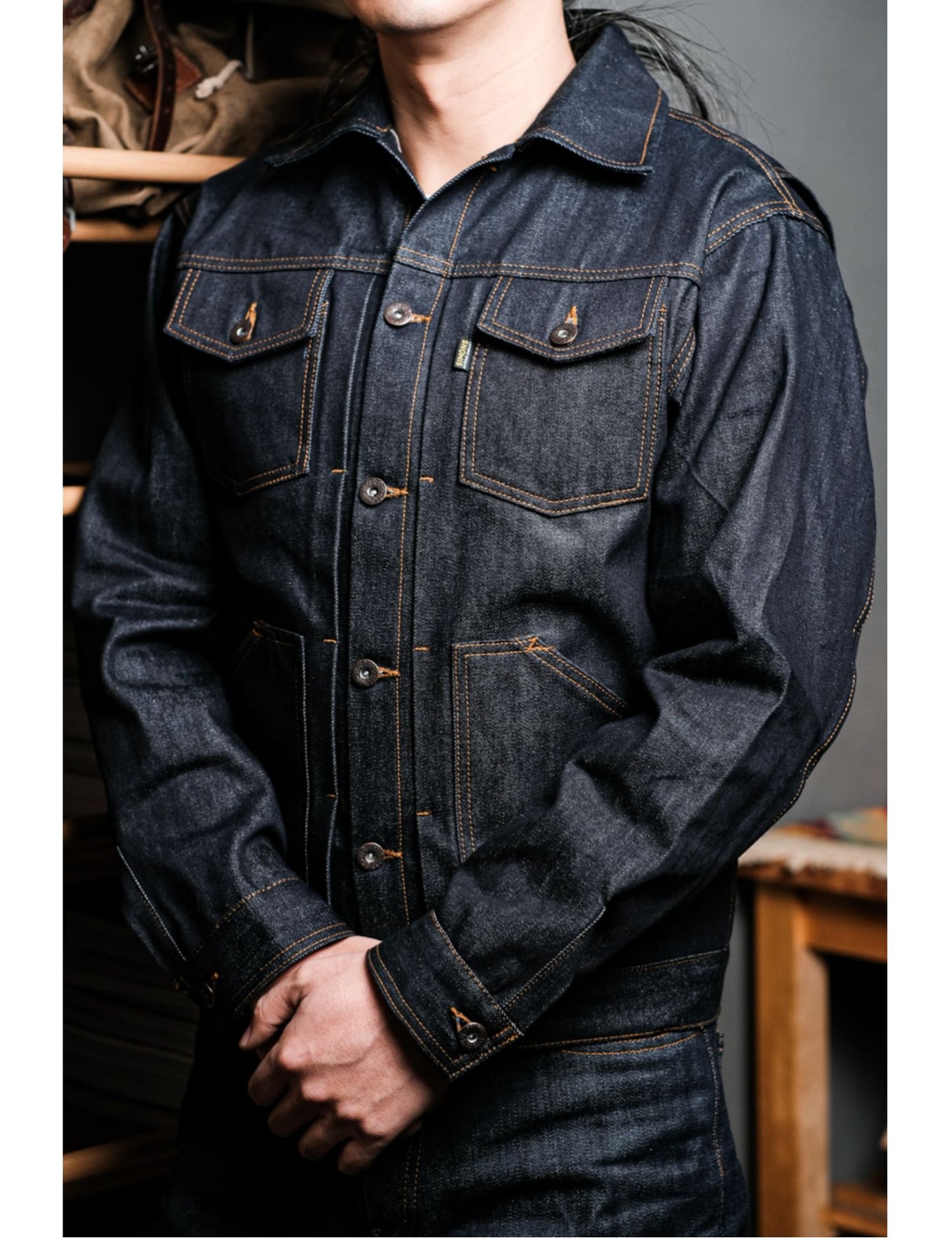 背面のアクションプリーツで高い可動性☆ヴィンテージ復刻 14.5OZ ノンウォッシュ セルビッチ デニムジャケット☆S~2XL
