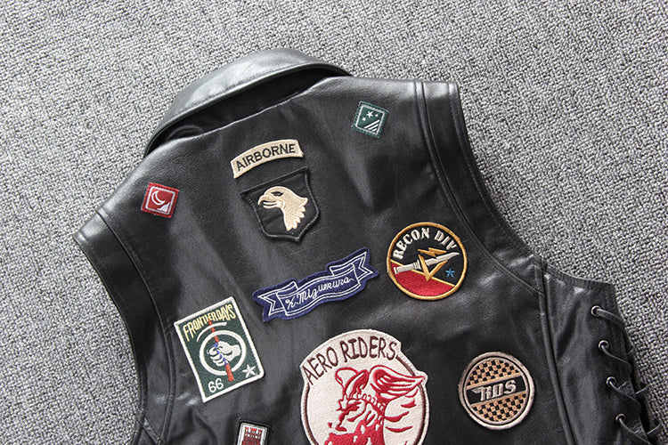 カウレザー ワッペン&編み上げデザイン ライダースベスト S~4XL