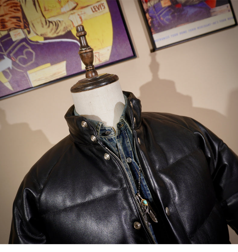 ◇イタリア産カウレザー使用 ブラックレザーダウンジャケット◇ S~4XL