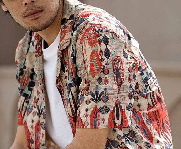 △ヴィンテージ復刻 ハワイアンプリント幾何学×バタフライ柄 アロハシャツ▽M~2XL