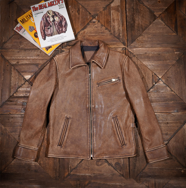 ▲1930’sビンテージ復刻 ウォッシュ加工 カウレザー シングルライダース ジャケット▼S~4XL